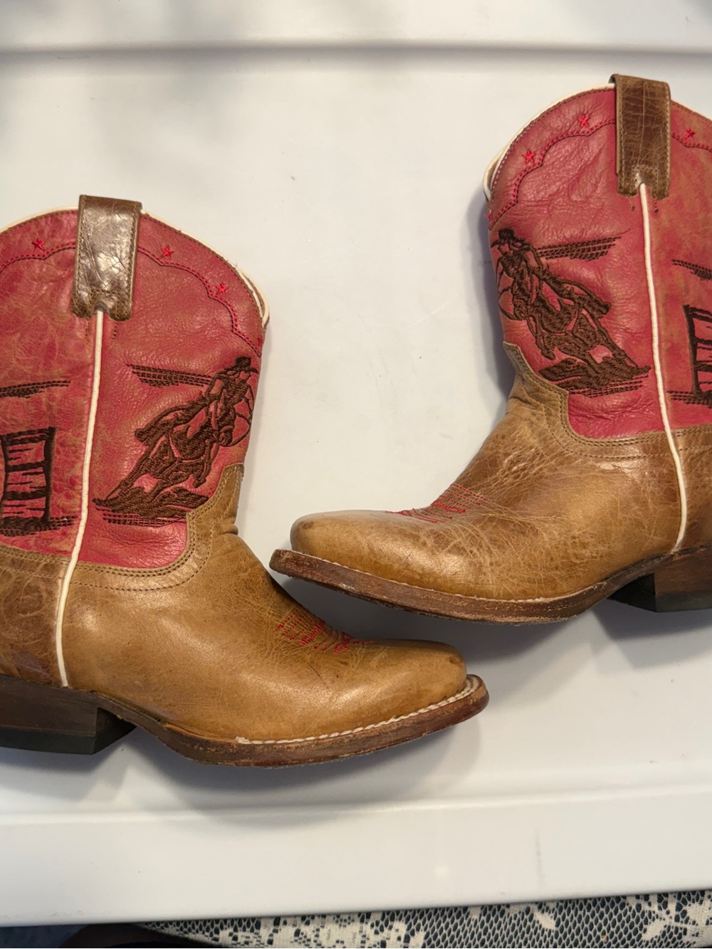 Roper Youth Rodeo Barrel Racer Tan and Pink Leather Cowboy Boots Girls Size 6
